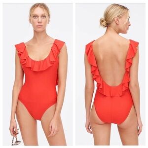 J.Crew Cerise Bright Red Ruffled scoopback One-piece Swimsuit Women’s Size 14